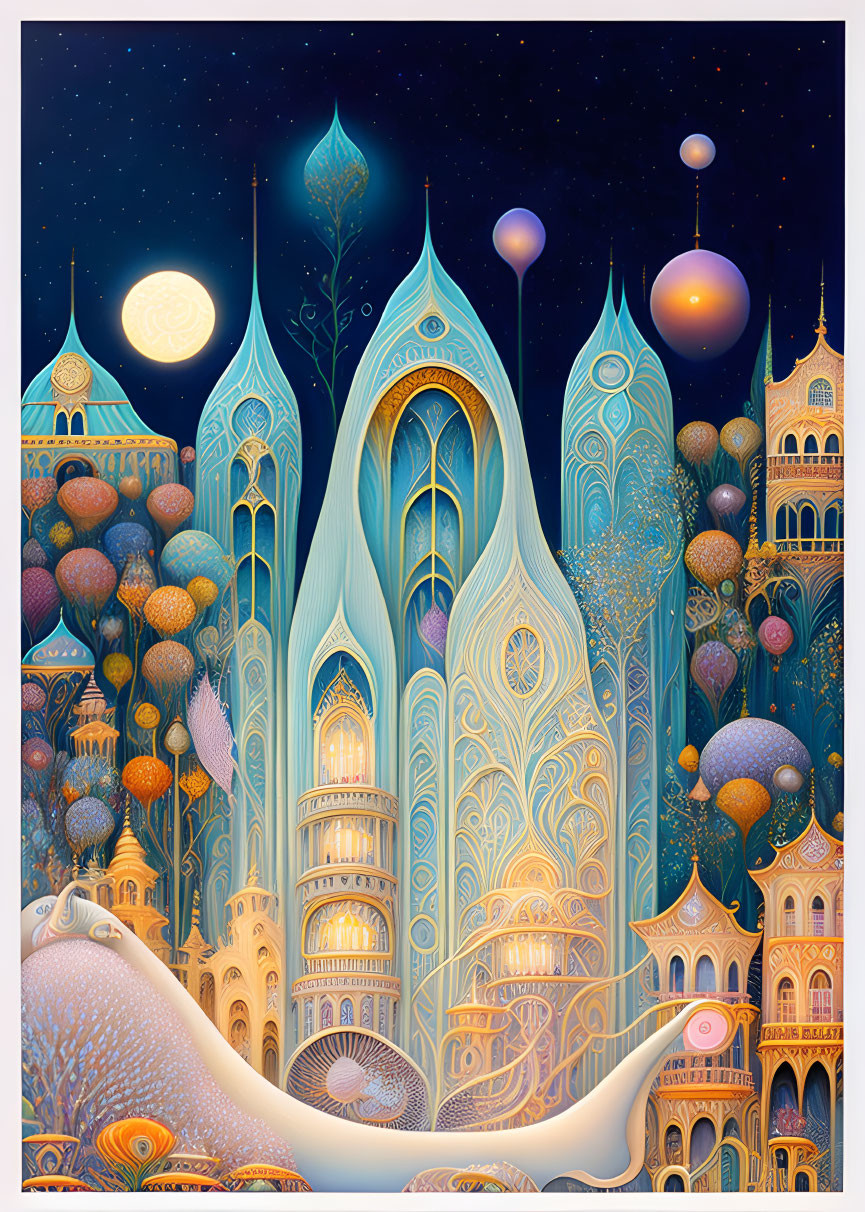 Fantasy cityscape at night with ornate towers and whimsical buildings.