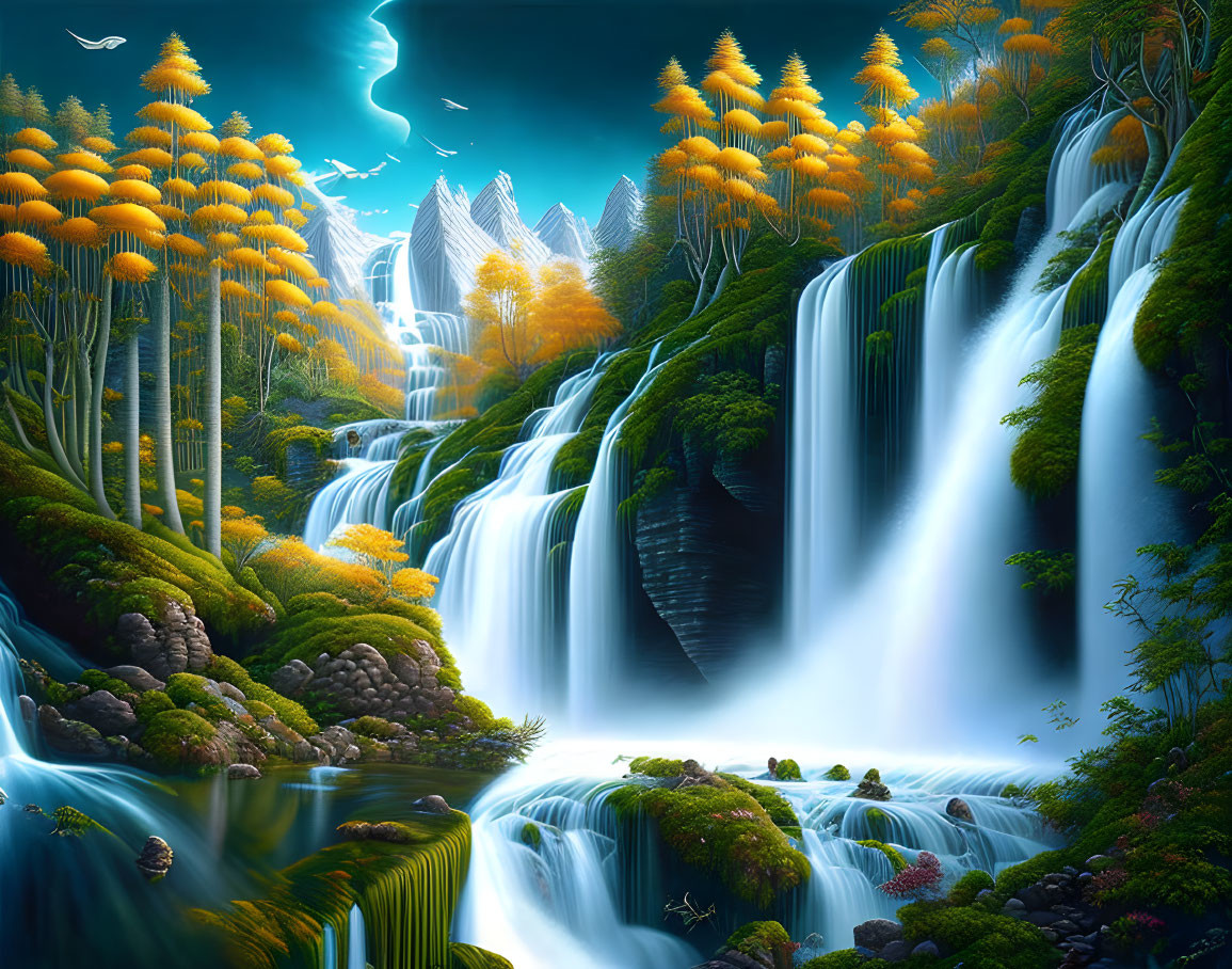 Scenic landscape with waterfalls, greenery, yellow trees, and snowy mountains