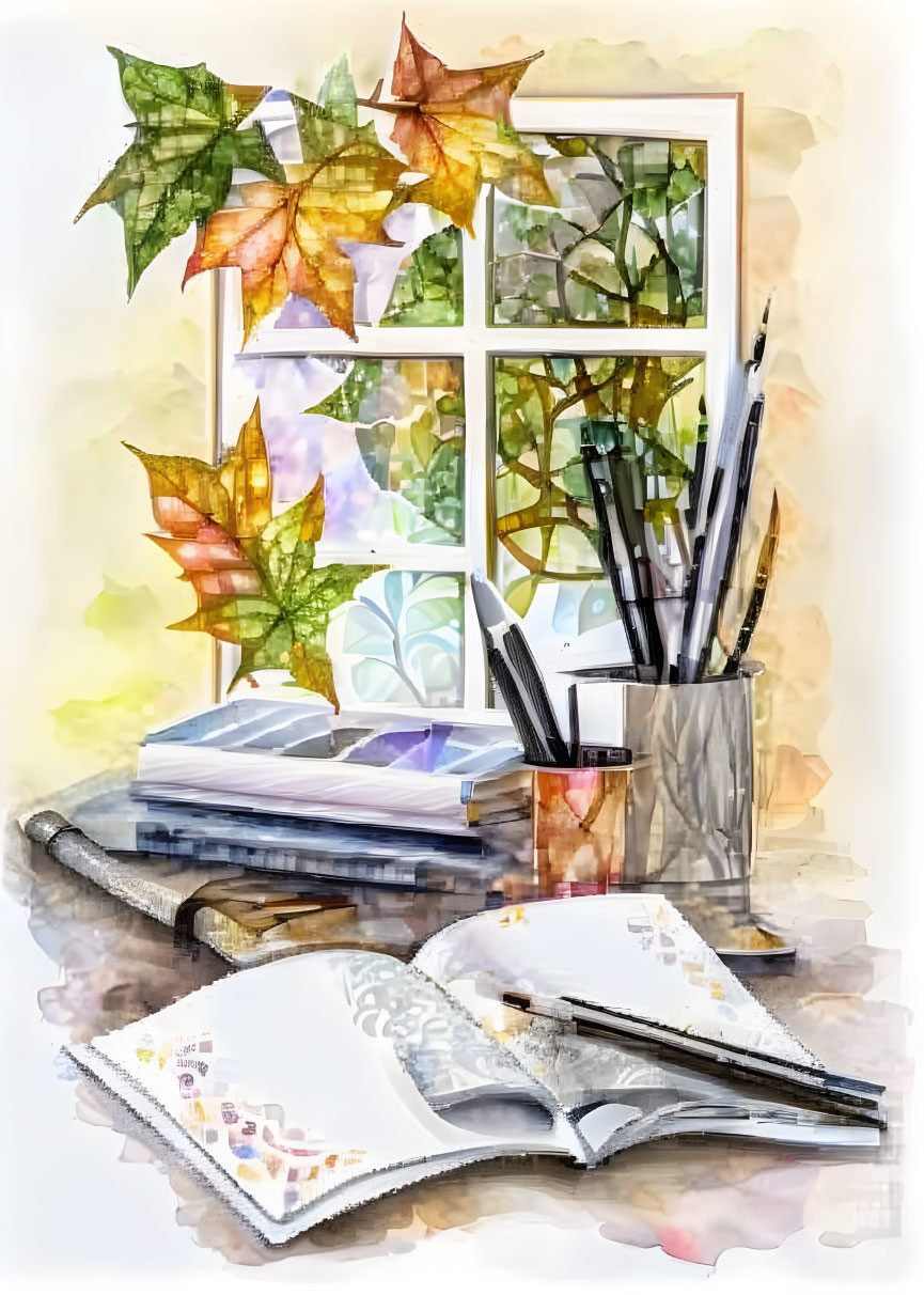 Detailed watercolor illustration of cozy workspace with autumn theme.