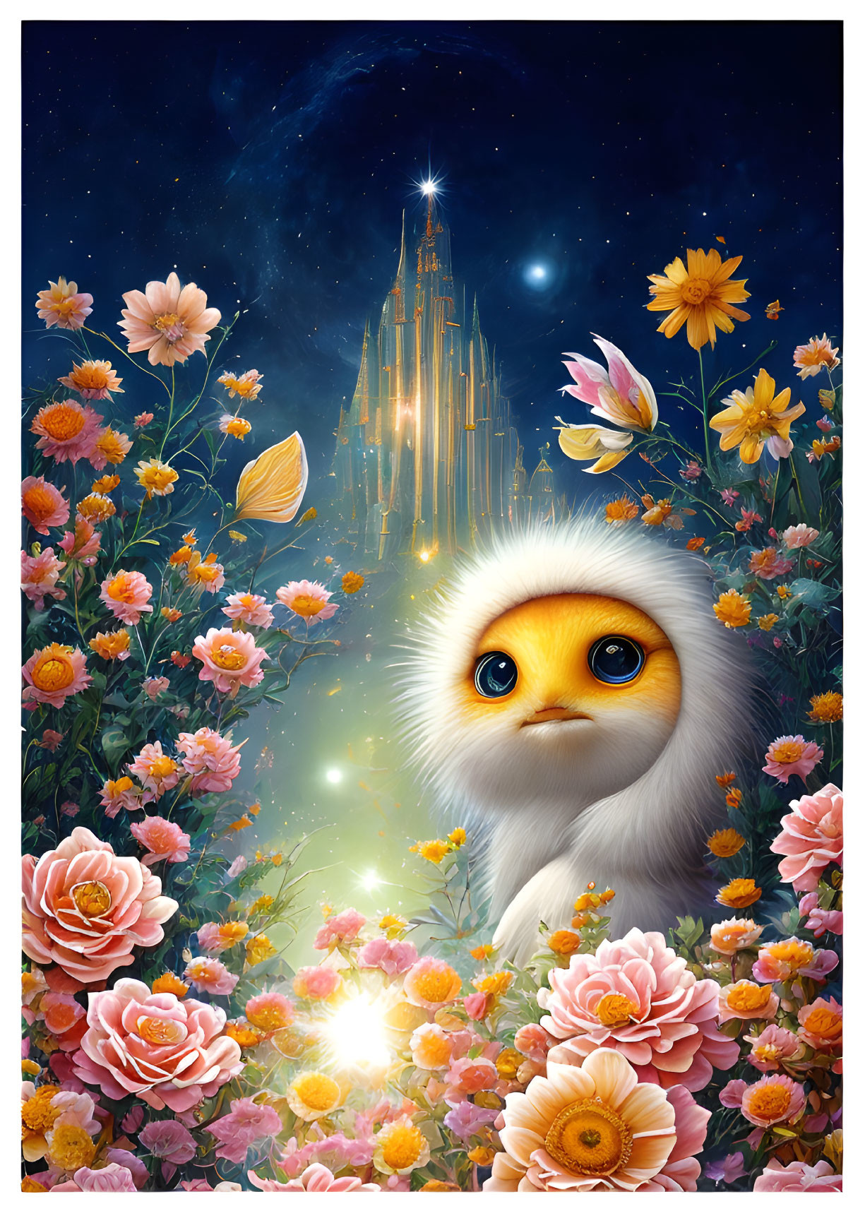 Fluffy creature in vibrant floral scene under night sky