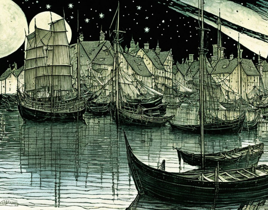 Vintage woodcut style: Old harbor at night with ships and rowboats under starry sky