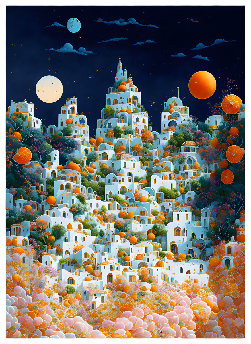 Colorful illustration of whimsical town under two moons