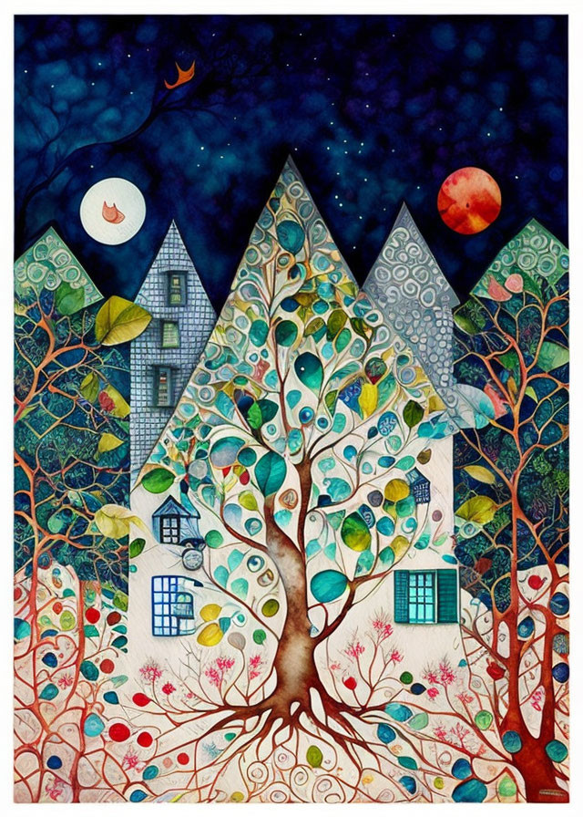 Whimsical painting of patterned trees and houses in forest under starry sky