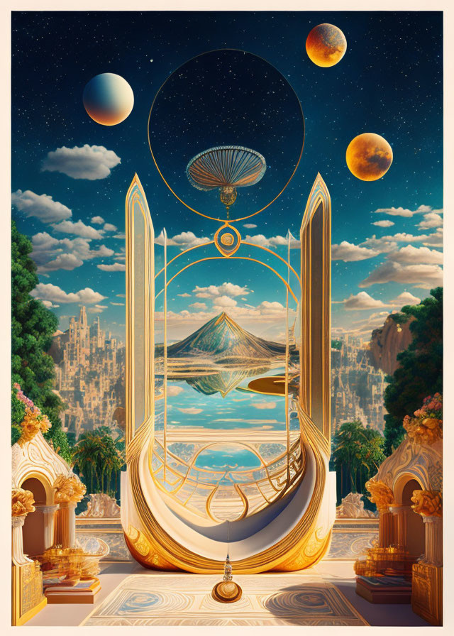 Surreal futuristic gateway with golden designs and celestial landscape