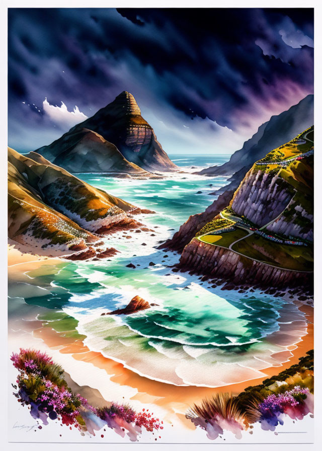 Scenic coastal landscape with winding road, cliffs, mountain, and sunset