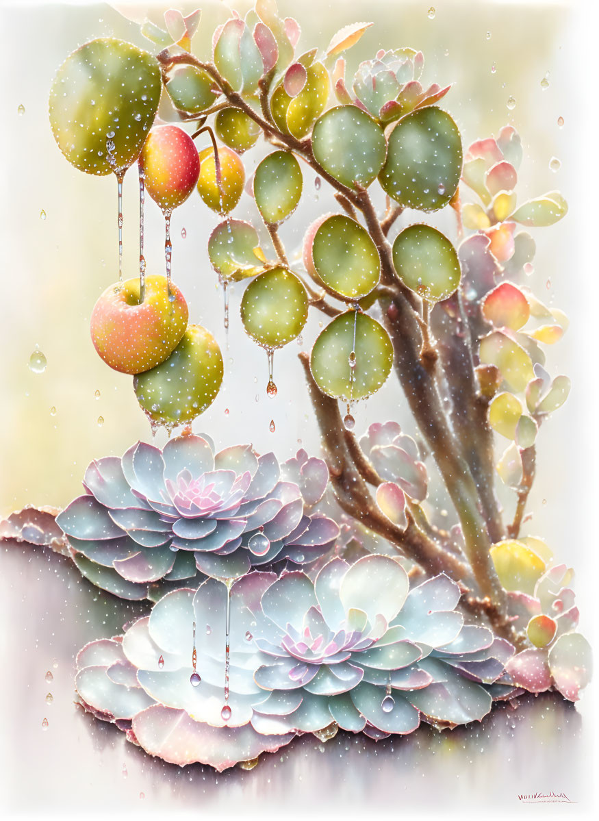 Succulents and Berries Digital Painting with Water Droplets