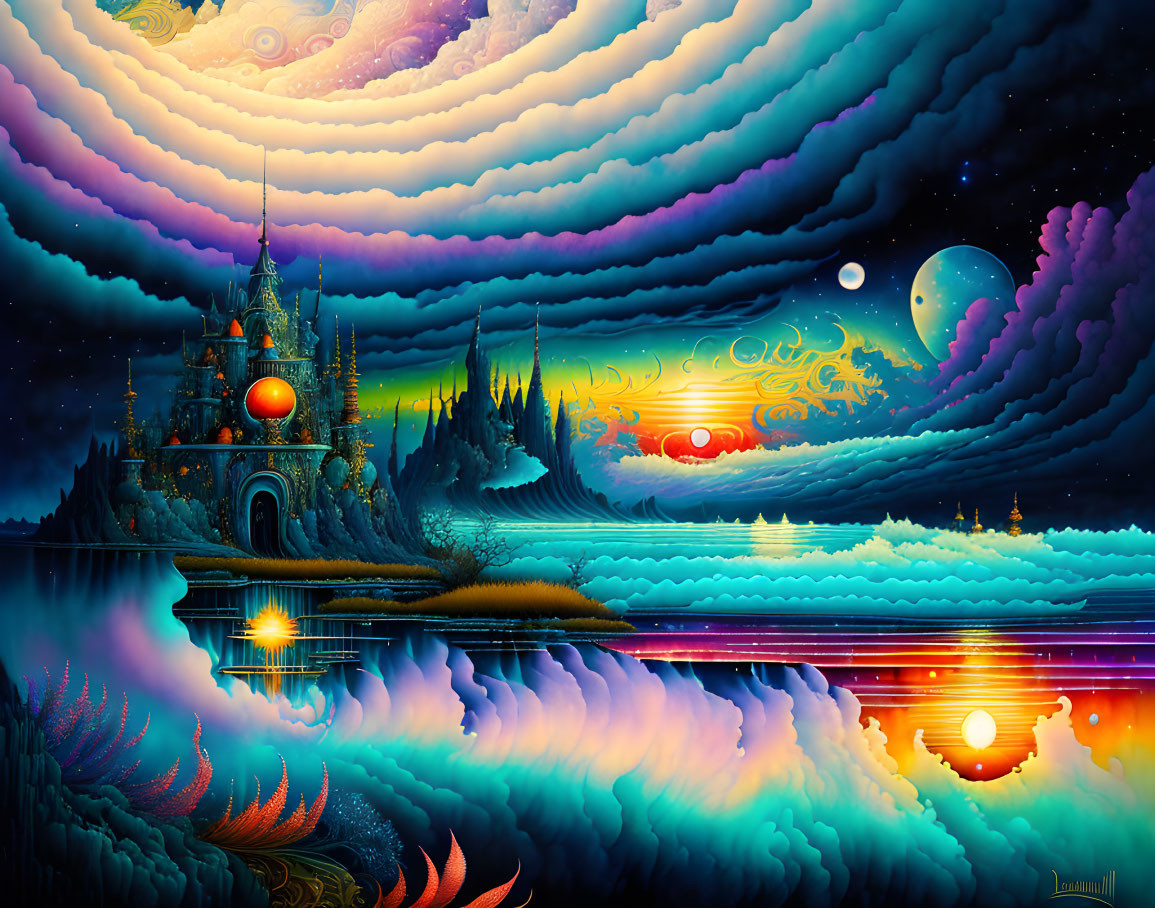 Fantasy landscape with castle, colorful clouds, water reflection, starry sky.