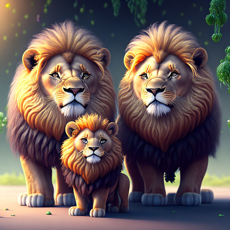 Animated lions with lush manes in twilight setting