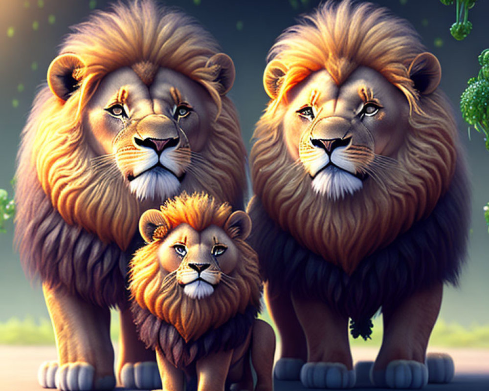 Animated lions with lush manes in twilight setting