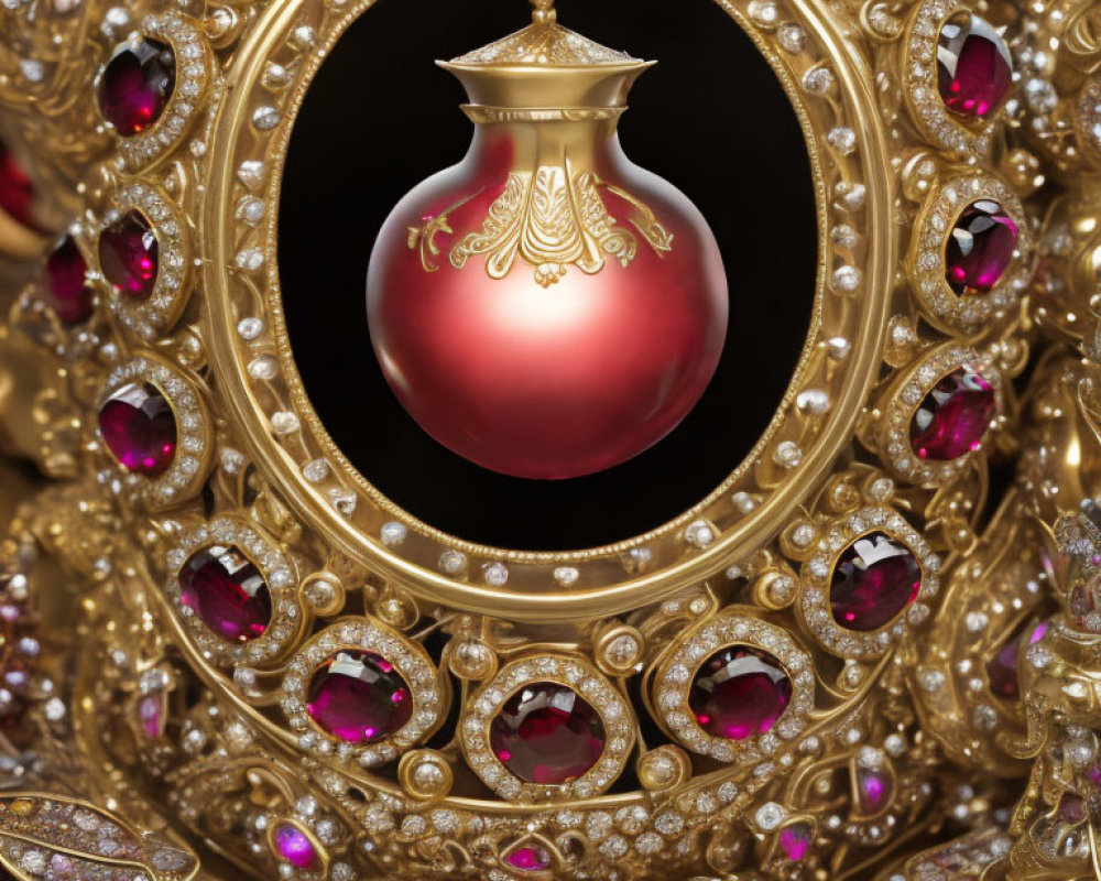 Golden Frame with Rubies Surrounding Red Ornament: Luxurious Design & Intricate Details