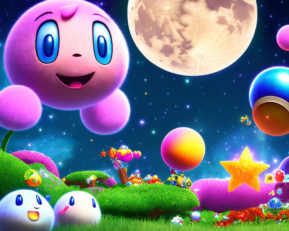 Colorful fantasy landscape at night with large moon, pink character, companions, vibrant flora, and star