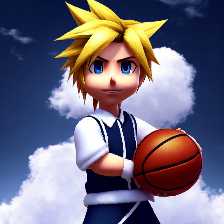 Spiky blonde-haired animated character with basketball against blue sky