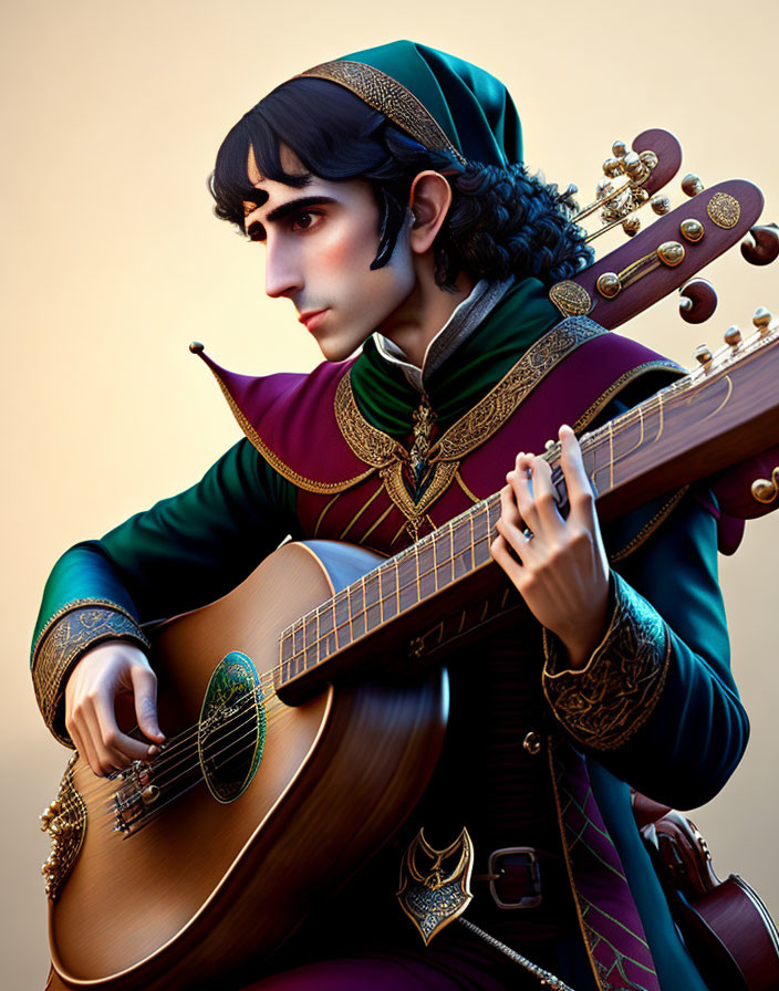 Digital portrait of animated male character in green and gold medieval attire with lute