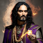 Bearded man in medieval attire with dark hair and purple cloak gazes intensely against fiery backdrop