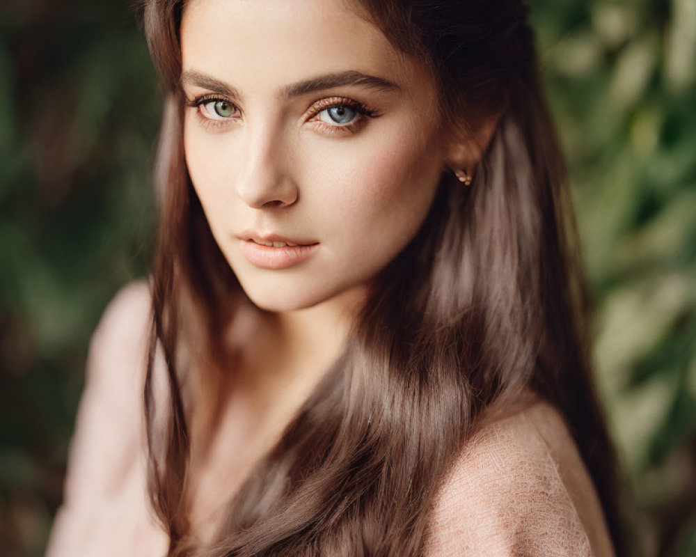 Young woman with long brown hair, green eyes, and pink top in nature setting