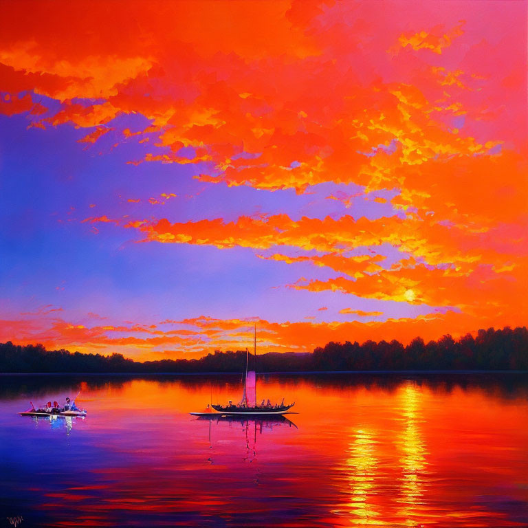 Scenic sunset over calm lake with boats and distant treeline