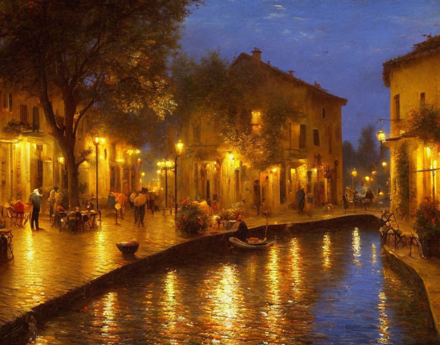 Old-world canal street scene with soft evening lighting and people engaging in leisure activities