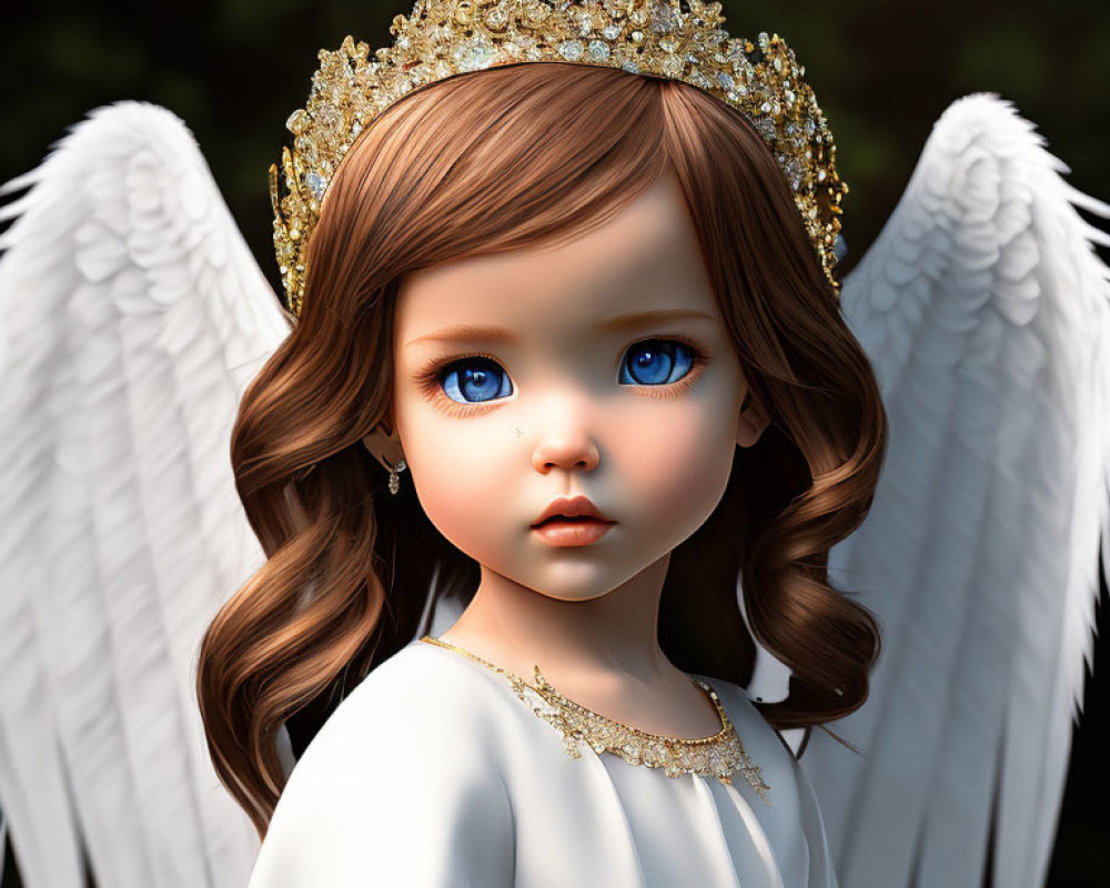 Digital Artwork: Doll-like Figure with Angel Wings and Golden Crown