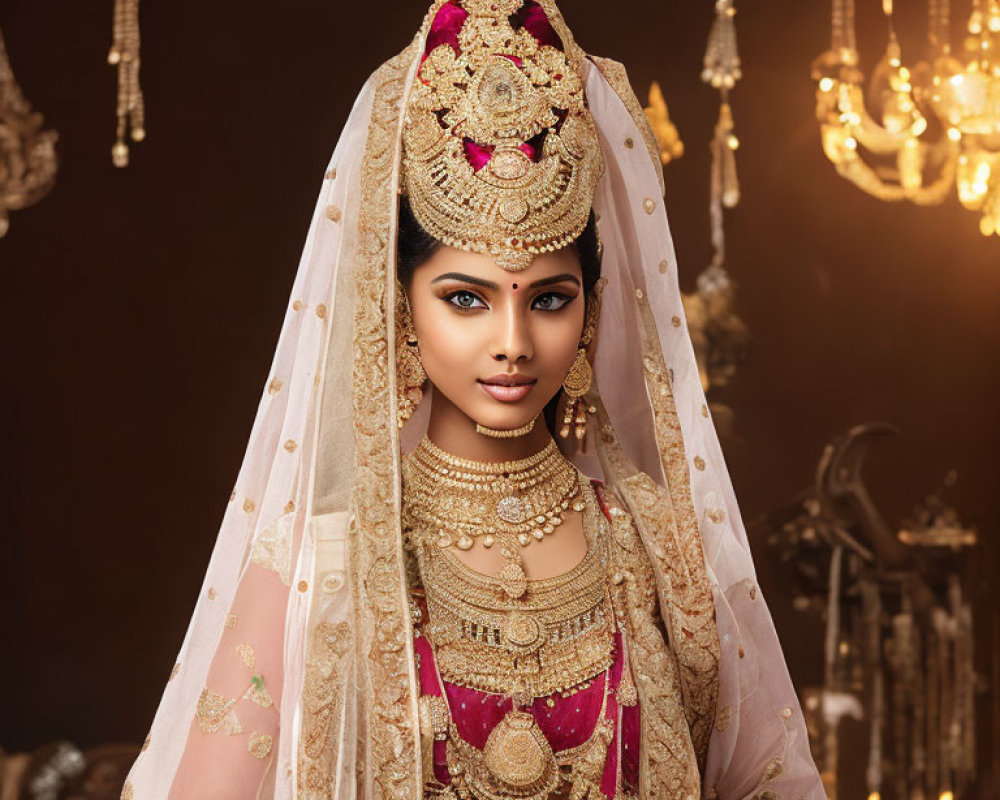 Elaborate traditional bridal attire with heavy gold jewelry and ornate headpiece on woman