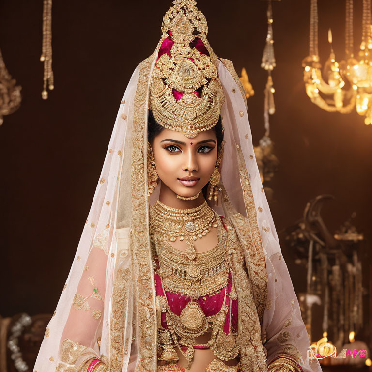 Elaborate traditional bridal attire with heavy gold jewelry and ornate headpiece on woman