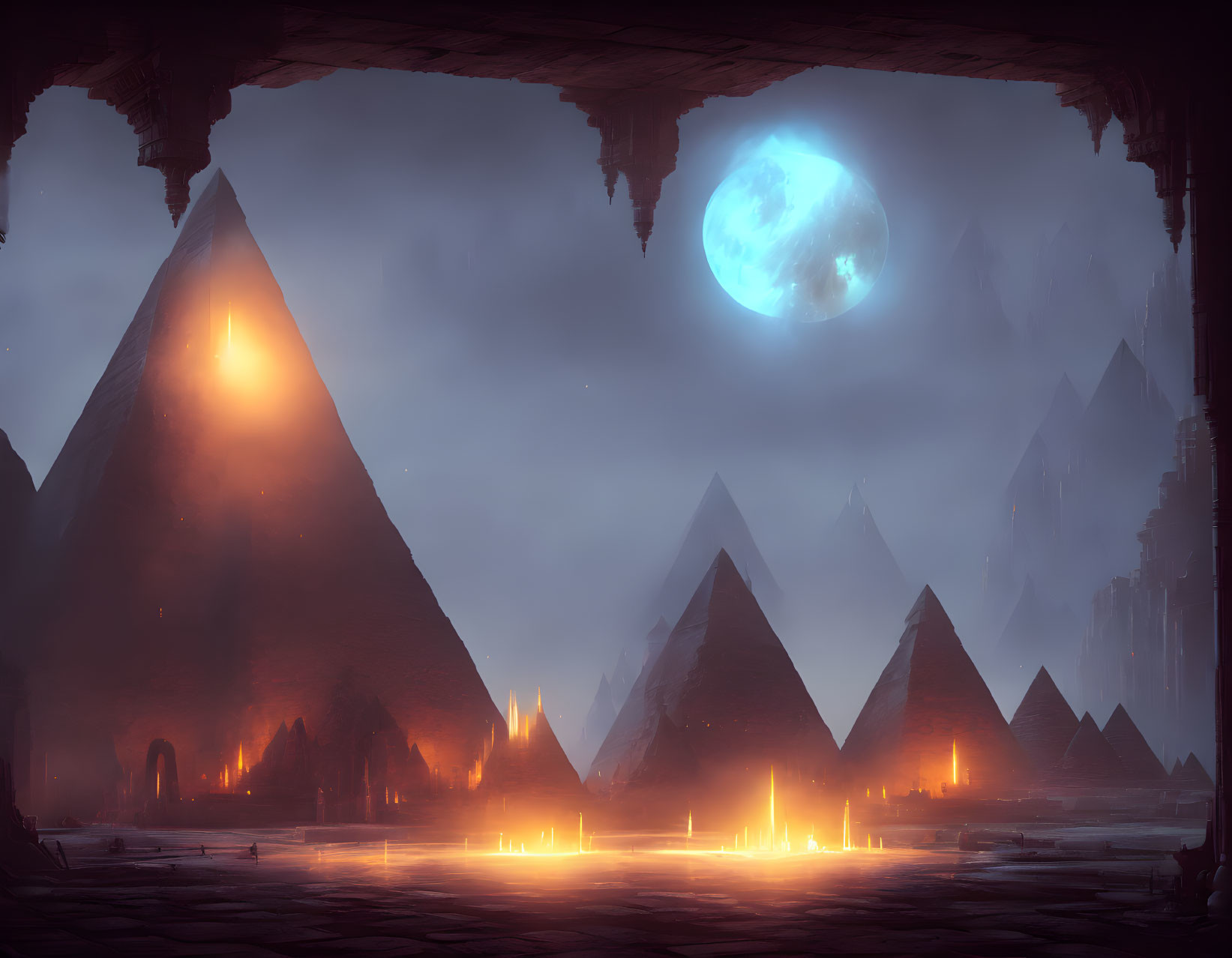 Mystical landscape with glowing pyramids under a blue moon