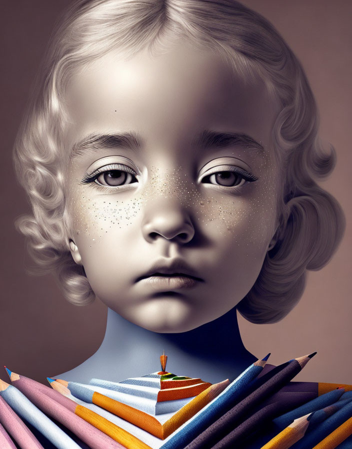 Digital artwork: Child with porcelain complexion, large eyes, freckles, and curly hair wearing pencil