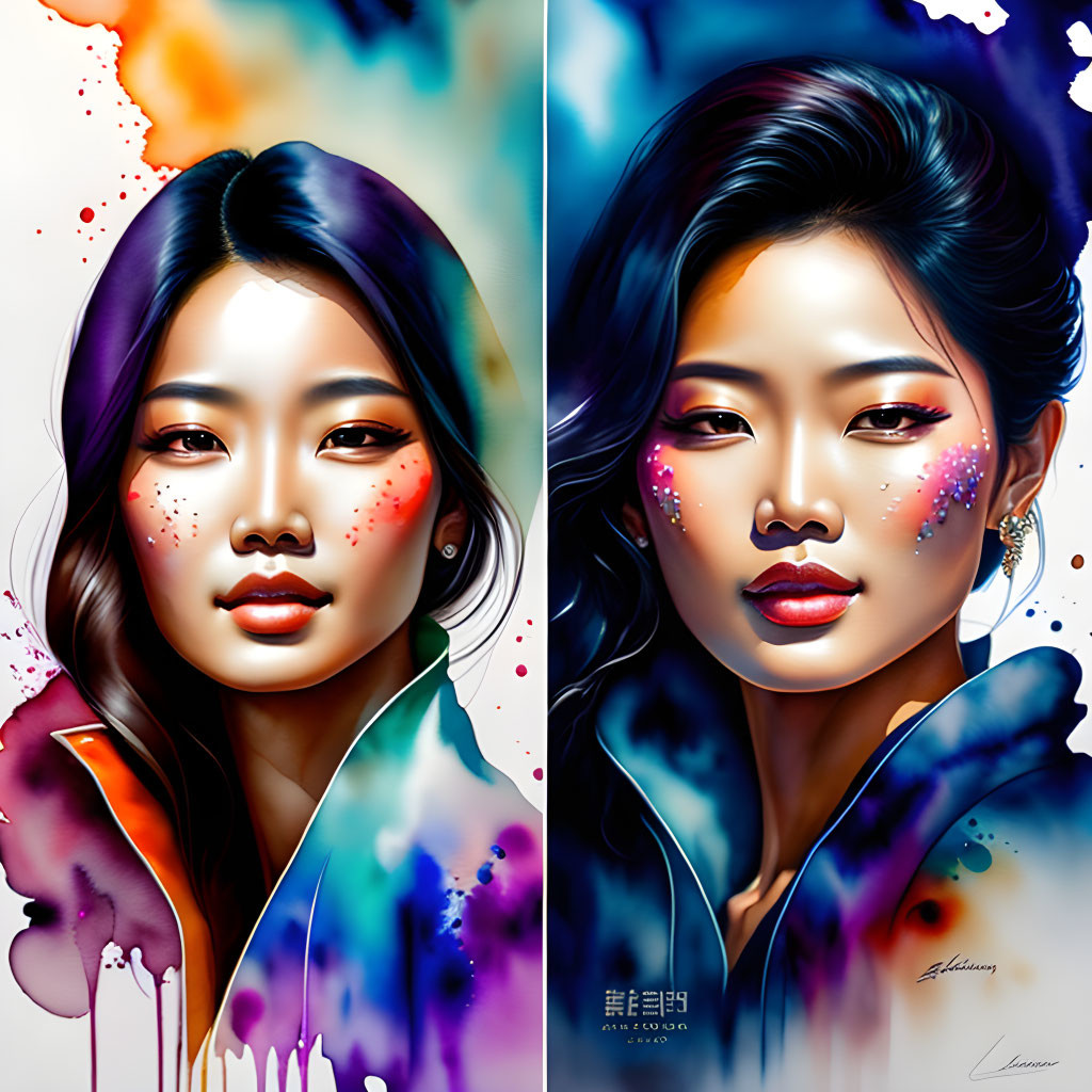 Colorful digital artwork featuring two women with striking makeup and splattered ink effects