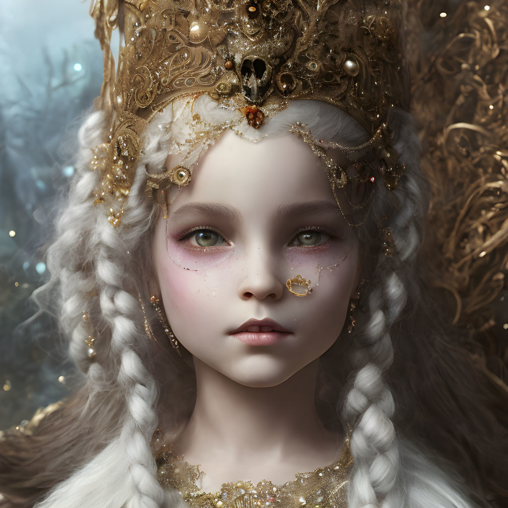 Regal young girl with braided hair and golden crown gazes solemnly