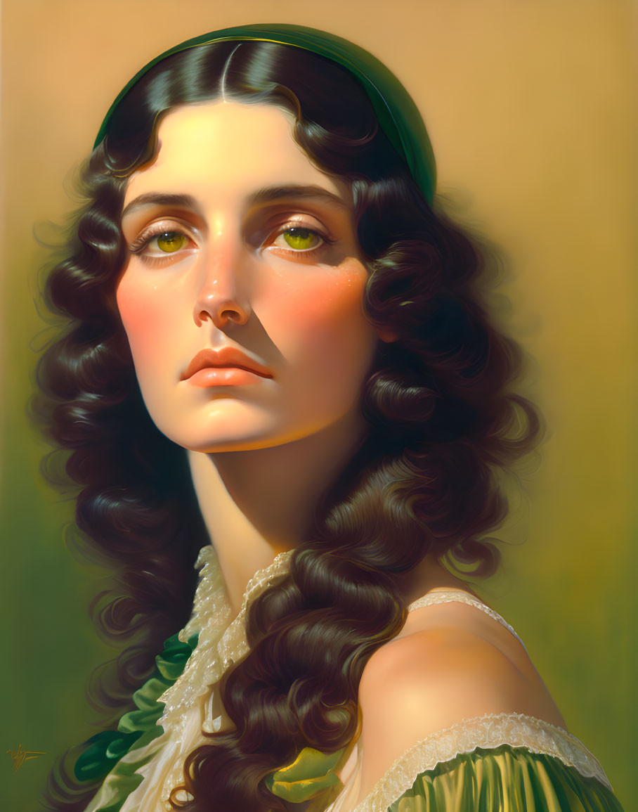 Detailed Portrait of Woman with Wavy Hair and Green Headband