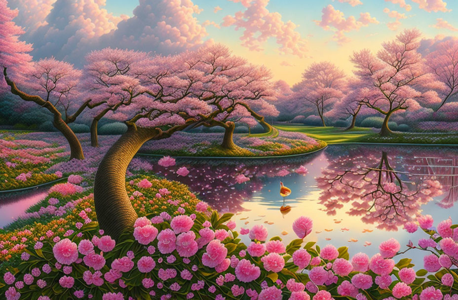 Tranquil landscape with winding river, cherry blossom trees, flowers, and duck