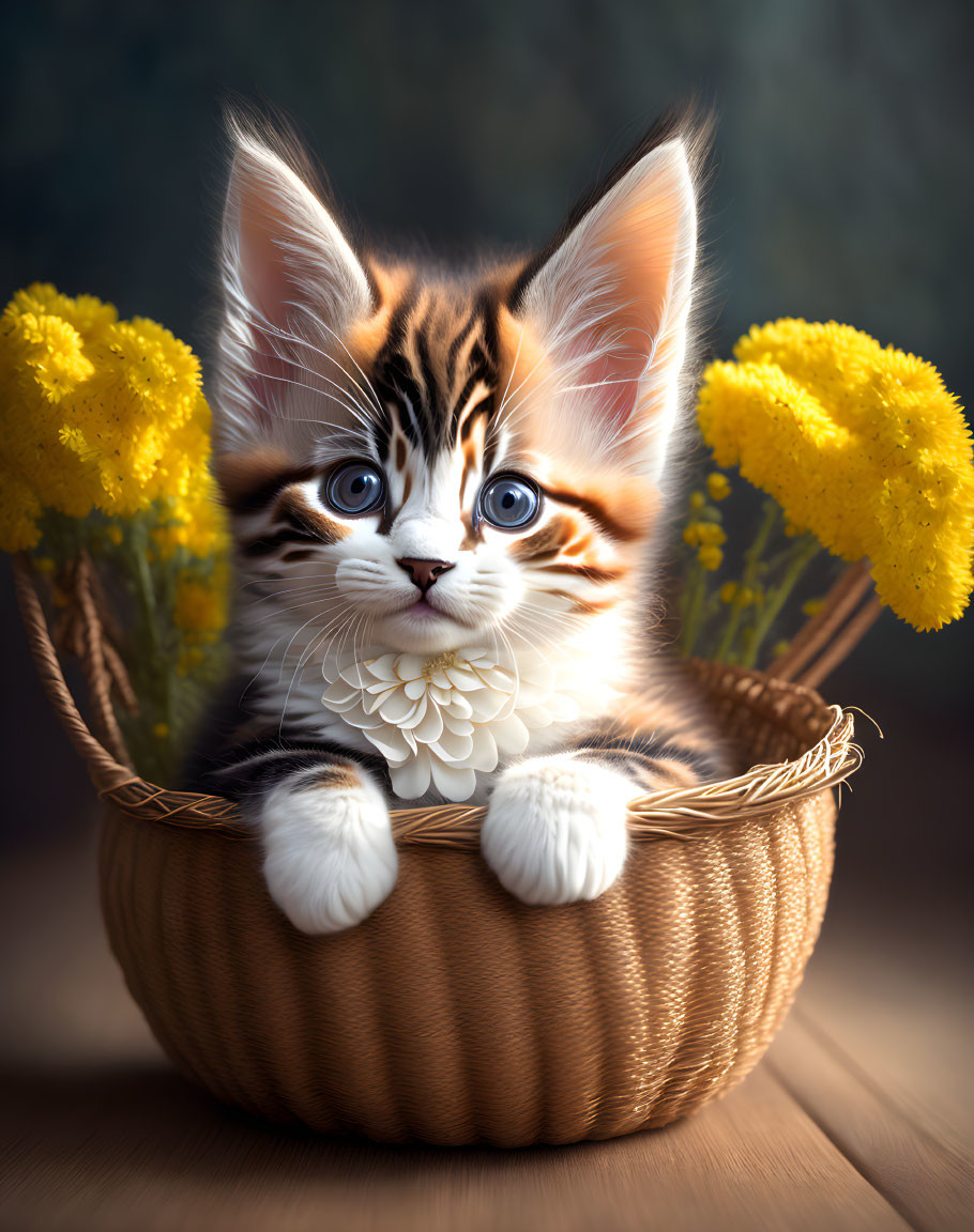 Tabby kitten with blue eyes in woven basket with yellow flowers