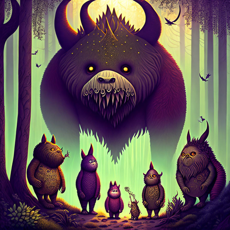 Stylized mystical creatures in forest with star bear