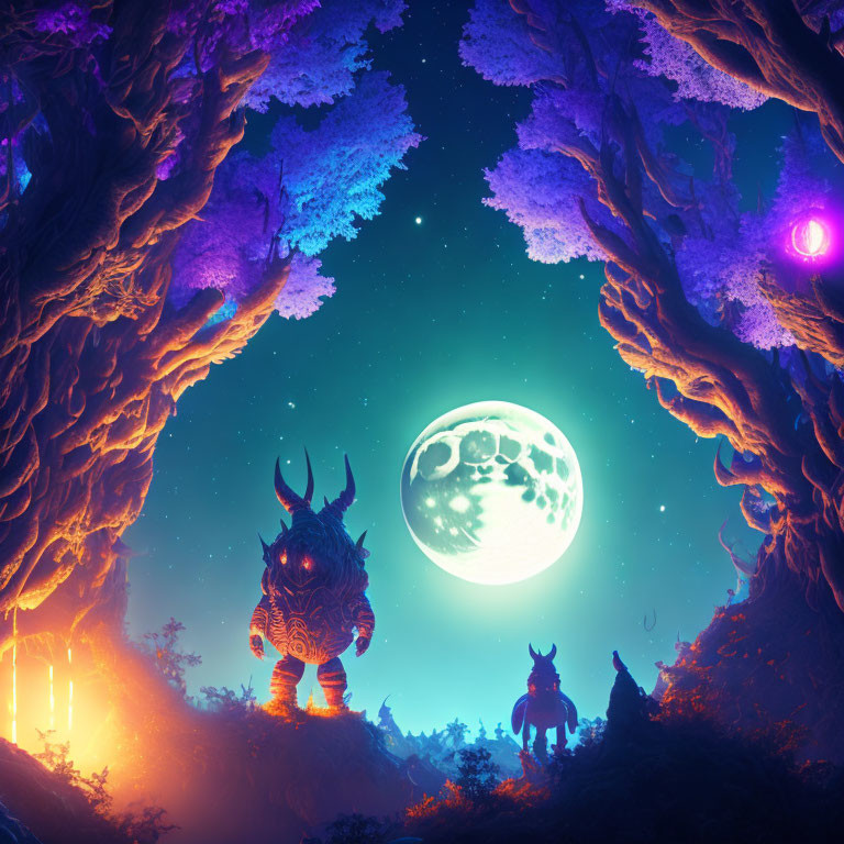 Mystical creature in luminous forest under large moon and starry night sky