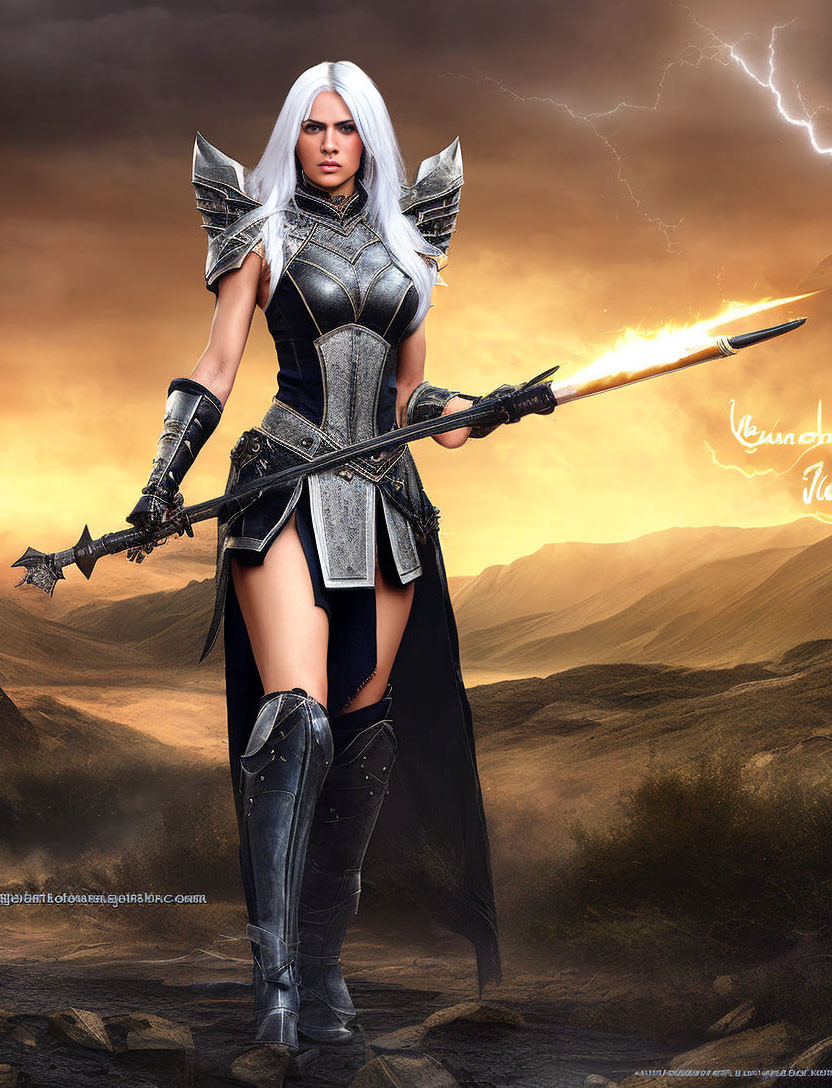 White-haired woman in fantasy armor wields spear under dramatic sky