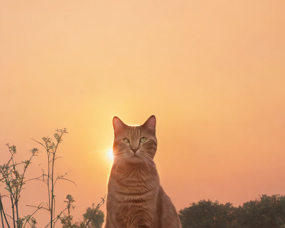 Orange Cat Silhouetted Against Sunset Sky