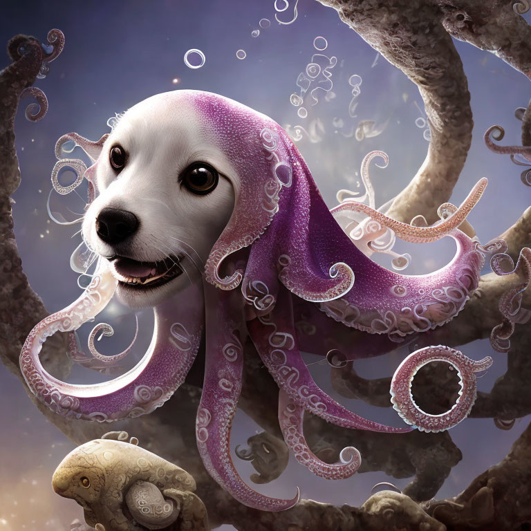 Happy dog-headed purple octopus in underwater scene