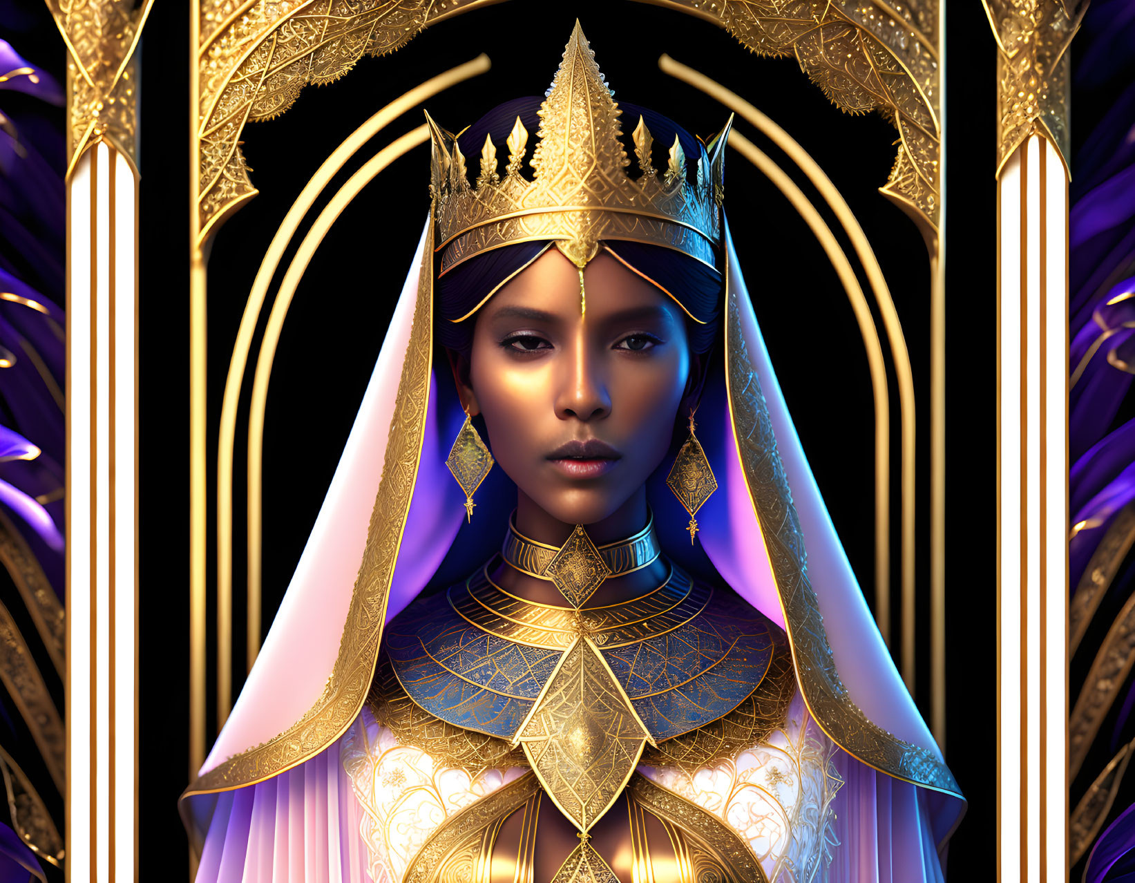 Regal Woman in Gold Crown and Robes Against Golden Arch