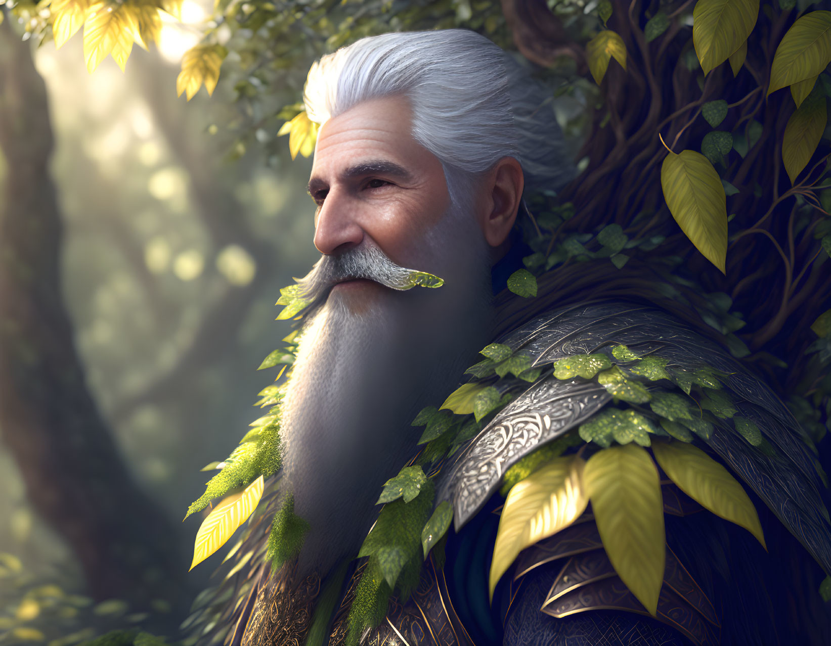 Elderly man in ornate armor with white beard in forest setting