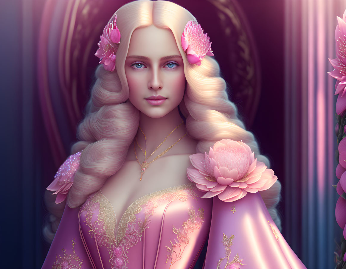 Blonde woman with pink flower hair and elegant gown