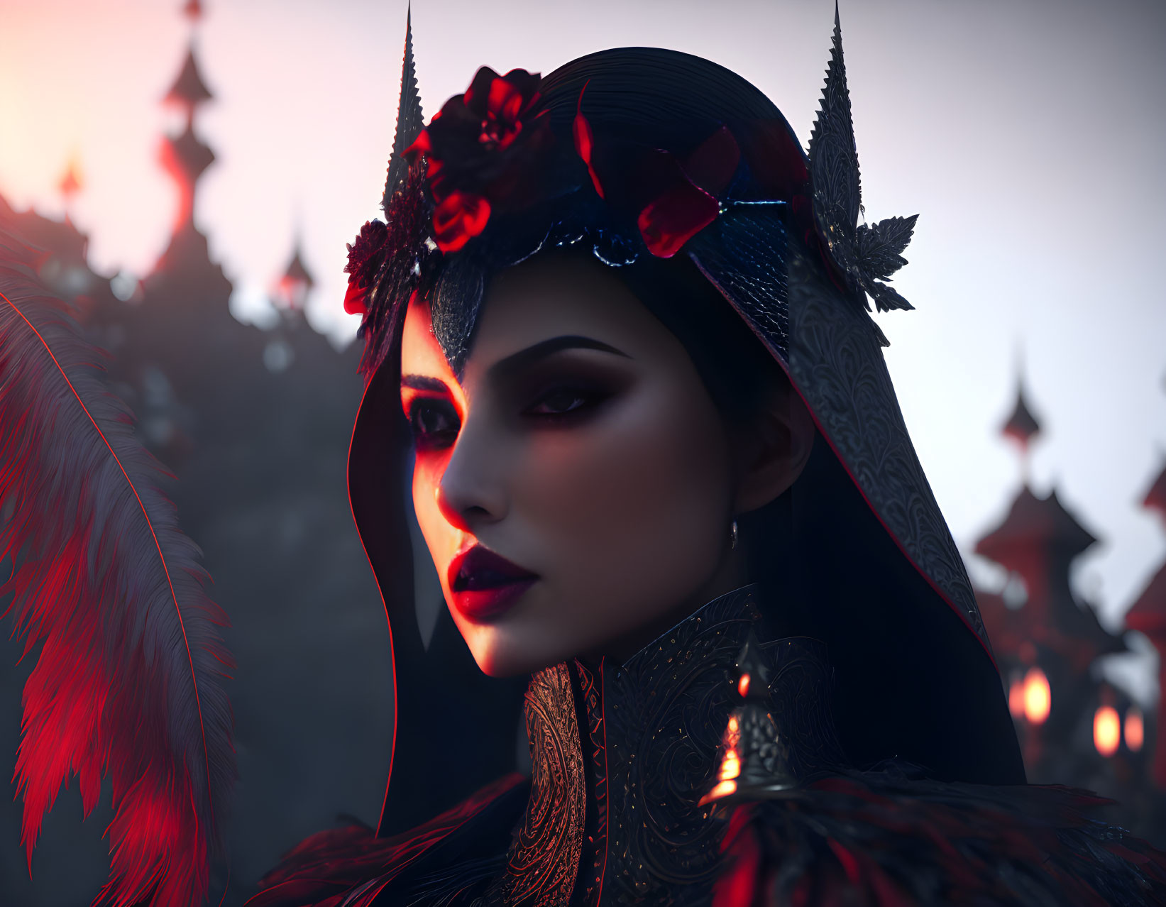 Dark Attire and Red Accents on Female Figure in Mystical Fantasy Setting