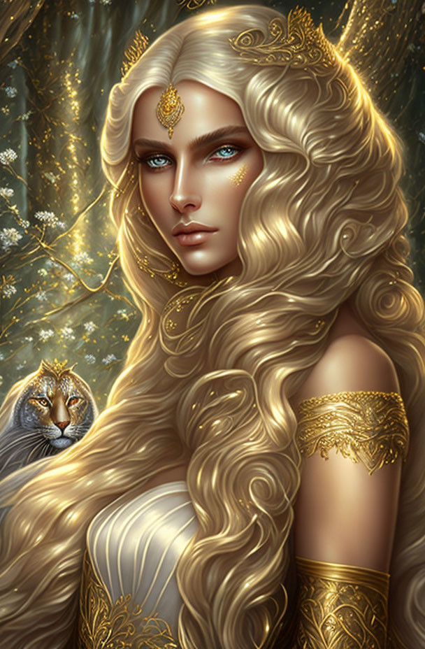 Illustrated woman with golden hair and blue eyes gazes at small cat.