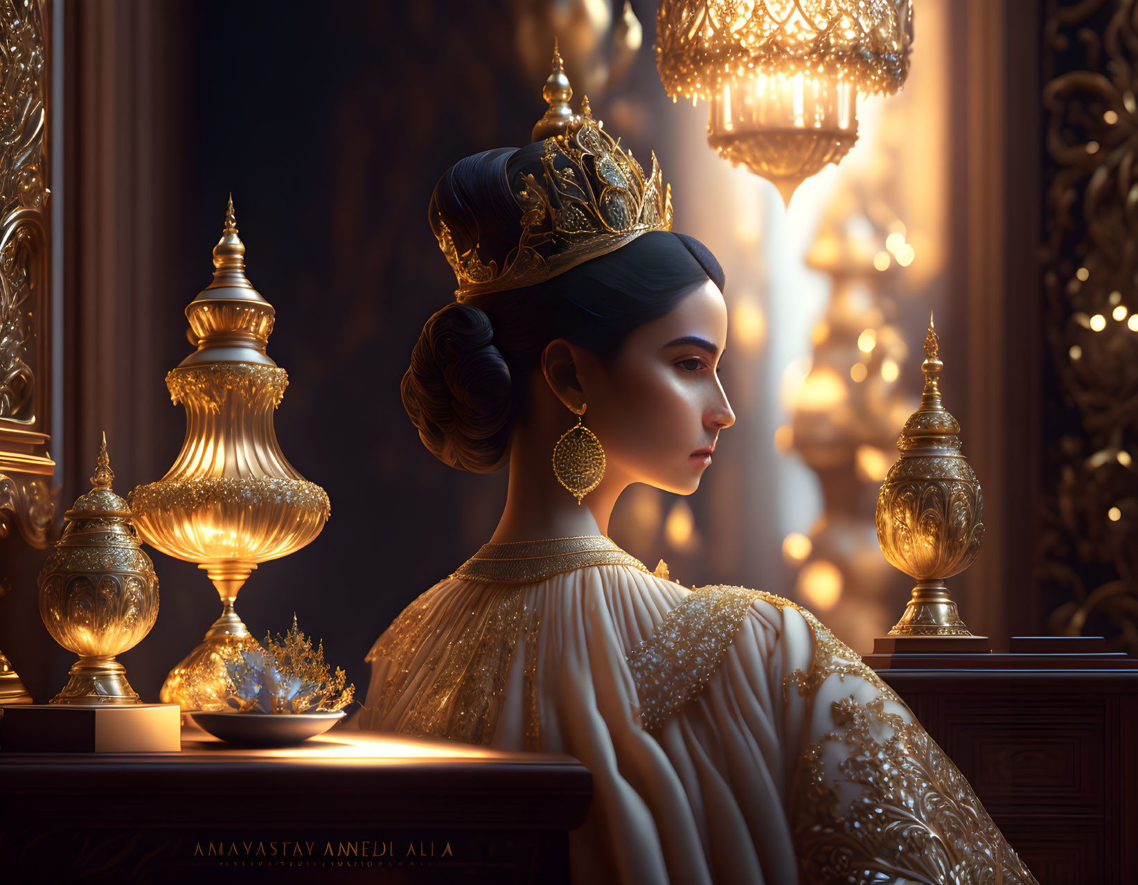 Regal woman with crown and elegant attire in luxurious setting