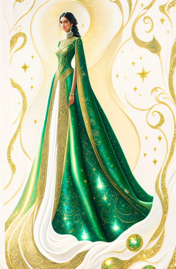 Illustrated woman in elegant green and white dress with golden embellishments and stars amidst swirls and orbs