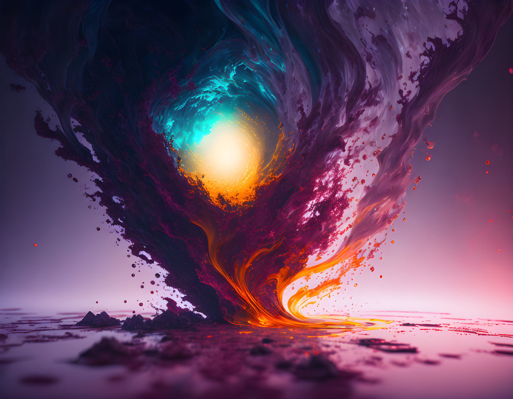 Colorful digital artwork: swirling vortex in blue, purple, and orange hues on pink sky.