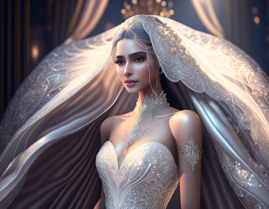 Detailed Bride in Elegant Gown with Flowing Veil & Ornate Background