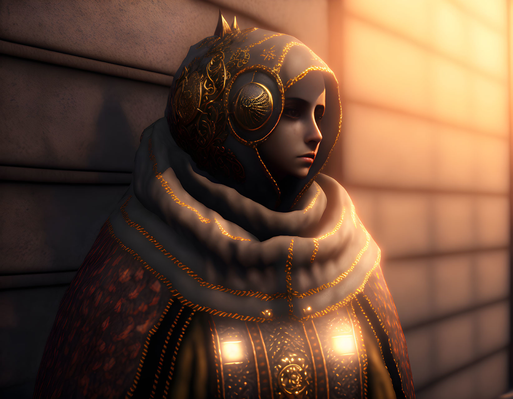 3D-rendered image of person in golden helmet and robe at sunset