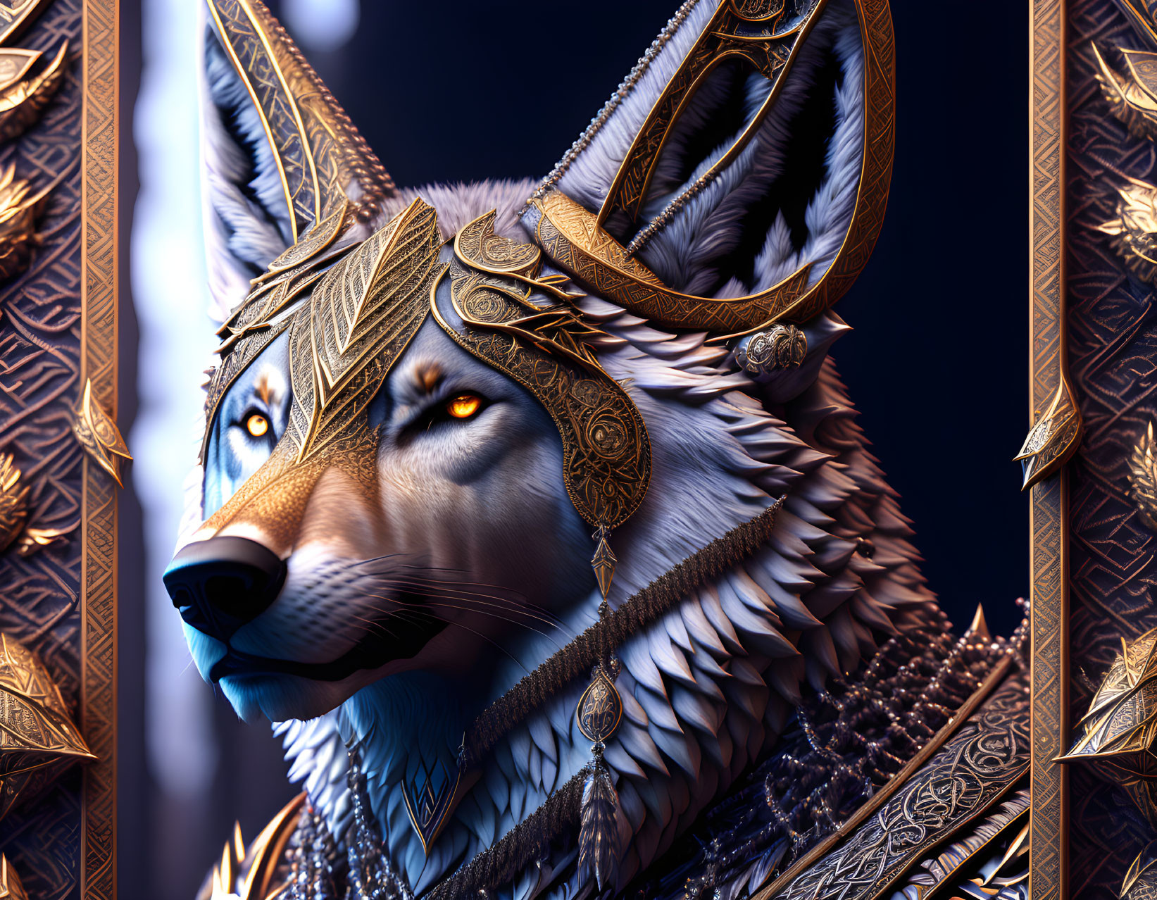 Detailed 3D illustration: Majestic wolf in golden armor with blue markings, framed in art nouveau