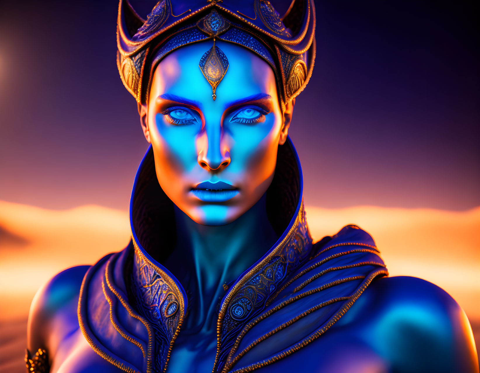 Female Figure with Blue Skin and Glowing Eyes in Ornate Golden Attire against Dusky Orange