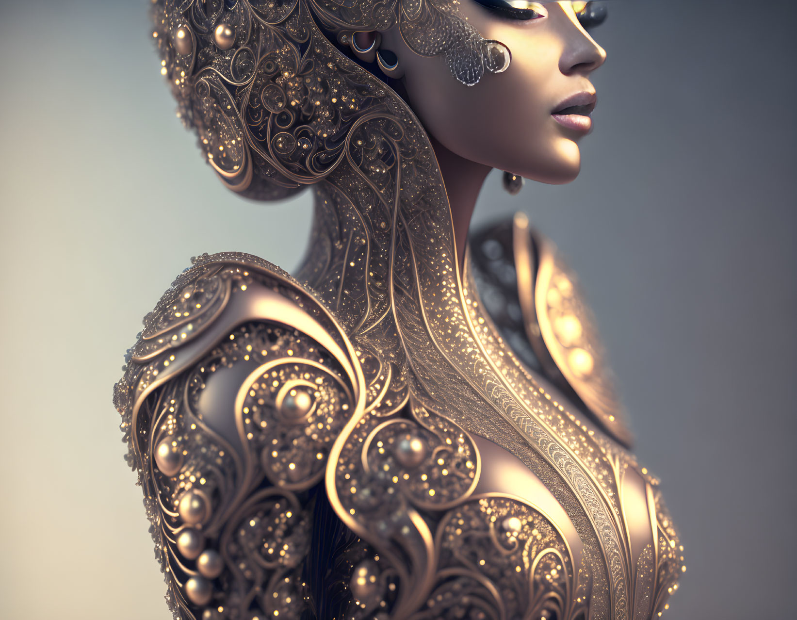 Digital artwork: Woman adorned in metallic gold armor with intricate patterns