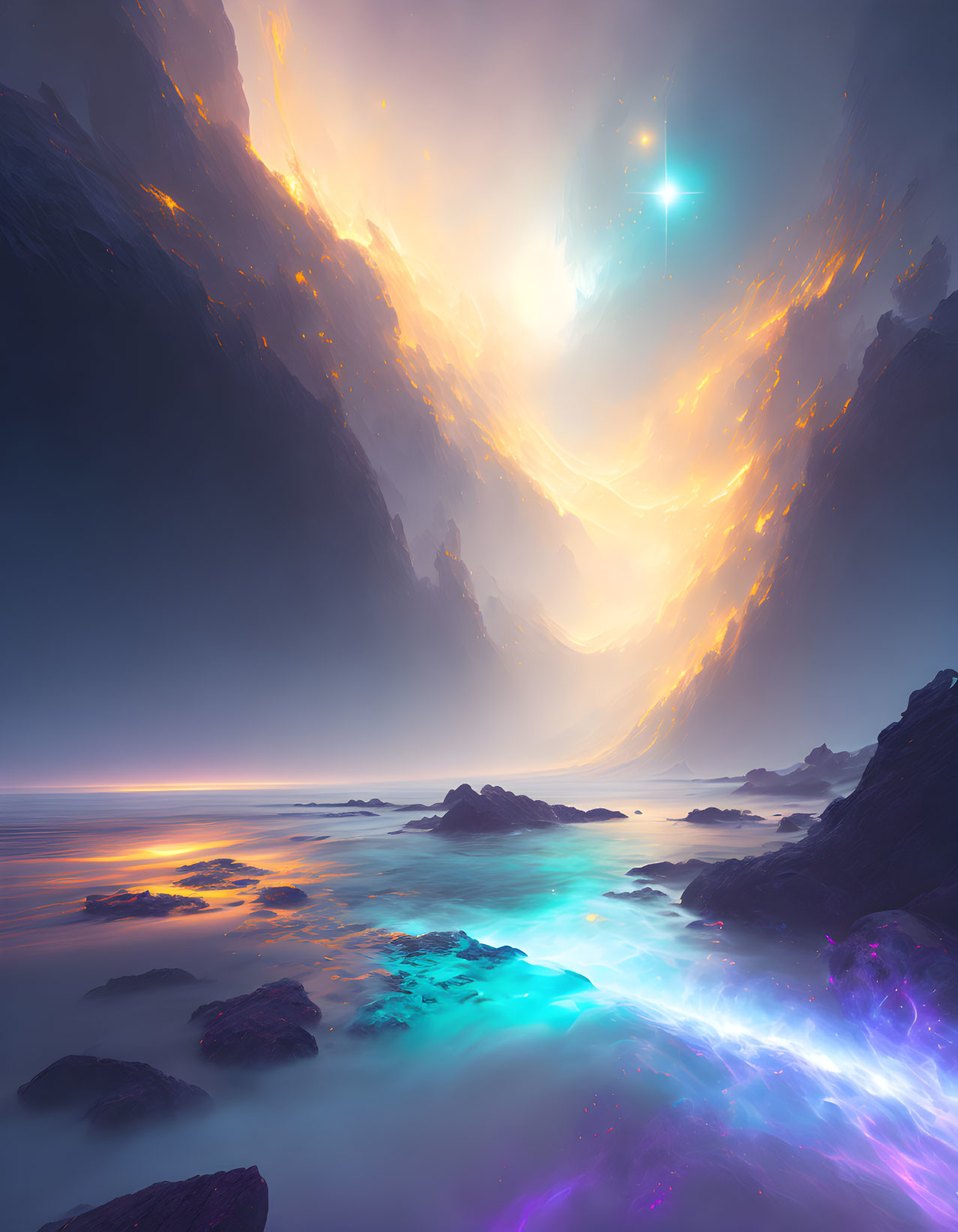 Luminous digital art: Glowing cliffs, serene water, ethereal lights